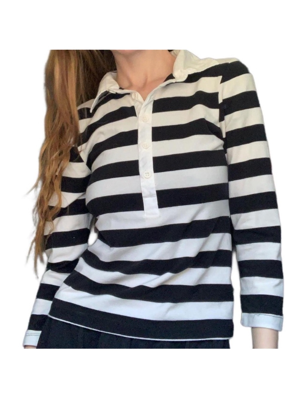 Y2K One Step Up Black and White Striped Collared Polo Top